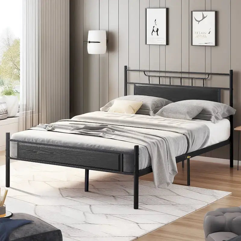 Estructura de cama industrial con cabecero de madera – Marrón/Gris pizarra/Negro, Individual/Matrimonial/Queen, 1 persona