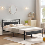 Estructura de cama industrial con cabecero de madera – Marrón/Gris pizarra/Negro, Individual/Matrimonial/Queen, 1 persona