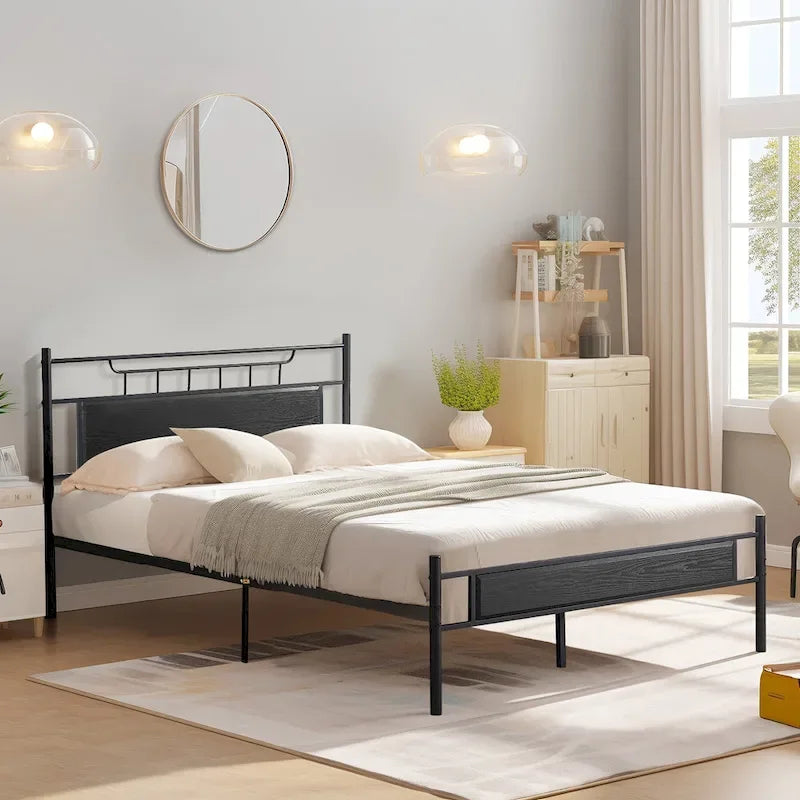 Estructura de cama industrial con cabecero de madera – Marrón/Gris pizarra/Negro, Individual/Matrimonial/Queen, 1 persona