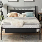 Estructura de cama industrial con cabecero de madera – Marrón/Gris pizarra/Negro, Individual/Matrimonial/Queen, 1 persona