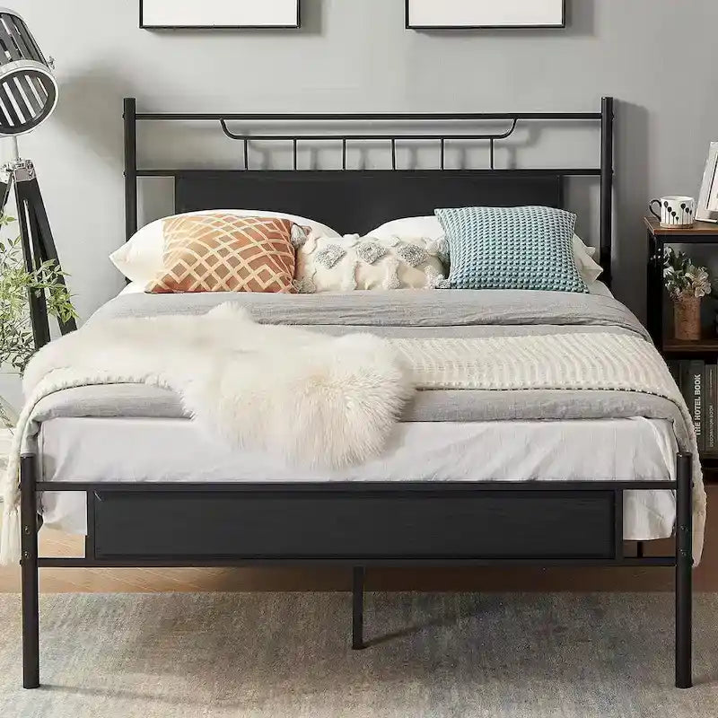 Estructura de cama industrial con cabecero de madera – Marrón/Gris pizarra/Negro, Individual/Matrimonial/Queen, 1 persona