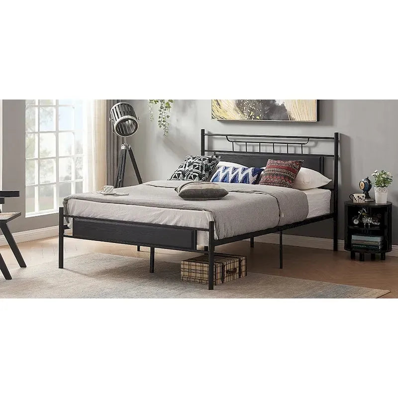 Estructura de cama industrial con cabecero de madera – Marrón/Gris pizarra/Negro, Individual/Matrimonial/Queen, 1 persona