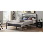 Estructura de cama industrial con cabecero de madera – Marrón/Gris pizarra/Negro, Individual/Matrimonial/Queen, 1 persona