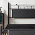 Estructura de cama industrial con cabecero de madera – Marrón/Gris pizarra/Negro, Individual/Matrimonial/Queen, 1 persona