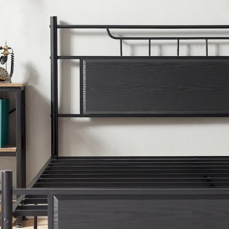 Estructura de cama industrial con cabecero de madera – Marrón/Gris pizarra/Negro, Individual/Matrimonial/Queen, 1 persona