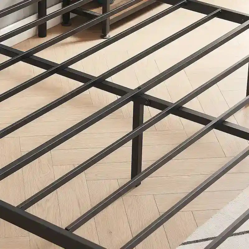 Estructura de cama industrial con cabecero de madera – Marrón/Gris pizarra/Negro, Individual/Matrimonial/Queen, 1 persona