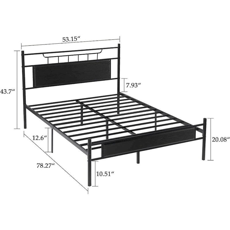 Estructura de cama industrial con cabecero de madera – Marrón/Gris pizarra/Negro, Individual/Matrimonial/Queen, 1 persona