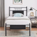 Estructura de cama industrial con cabecero de madera – Marrón/Gris pizarra/Negro, Individual/Matrimonial/Queen, 1 persona