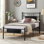 Estructura de cama industrial con cabecero de madera – Marrón/Gris pizarra/Negro, Individual/Matrimonial/Queen, 1 persona