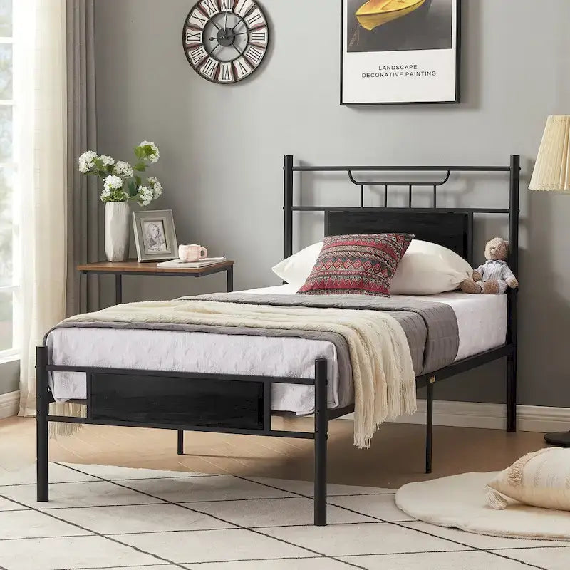 Estructura de cama industrial con cabecero de madera – Marrón/Gris pizarra/Negro, Individual/Matrimonial/Queen, 1 persona