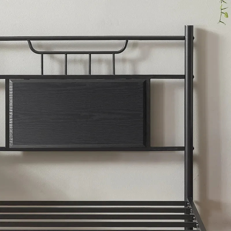 Estructura de cama industrial con cabecero de madera – Marrón/Gris pizarra/Negro, Individual/Matrimonial/Queen, 1 persona