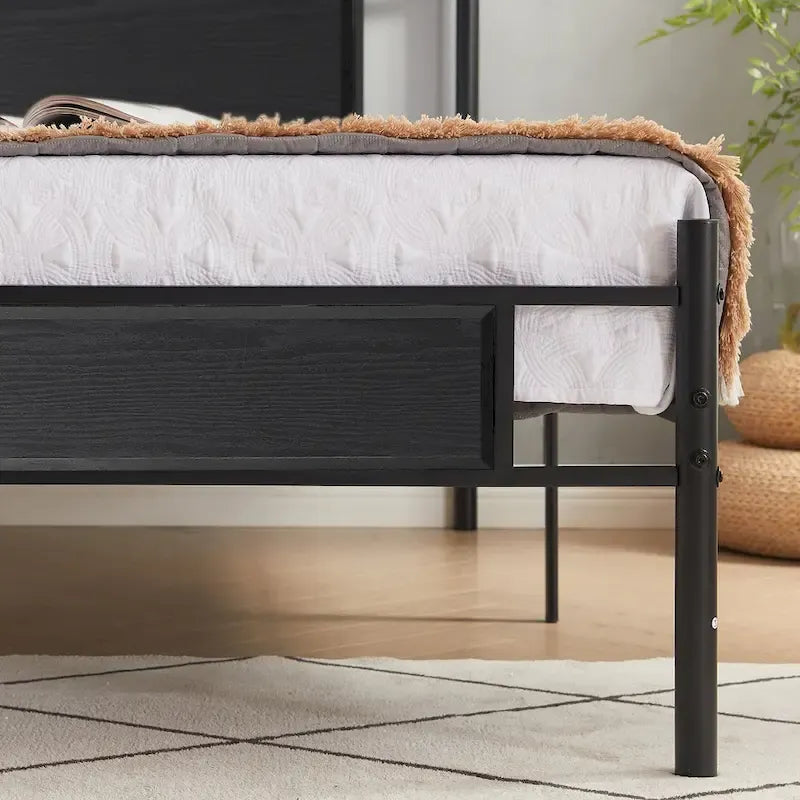 Estructura de cama industrial con cabecero de madera – Marrón/Gris pizarra/Negro, Individual/Matrimonial/Queen, 1 persona