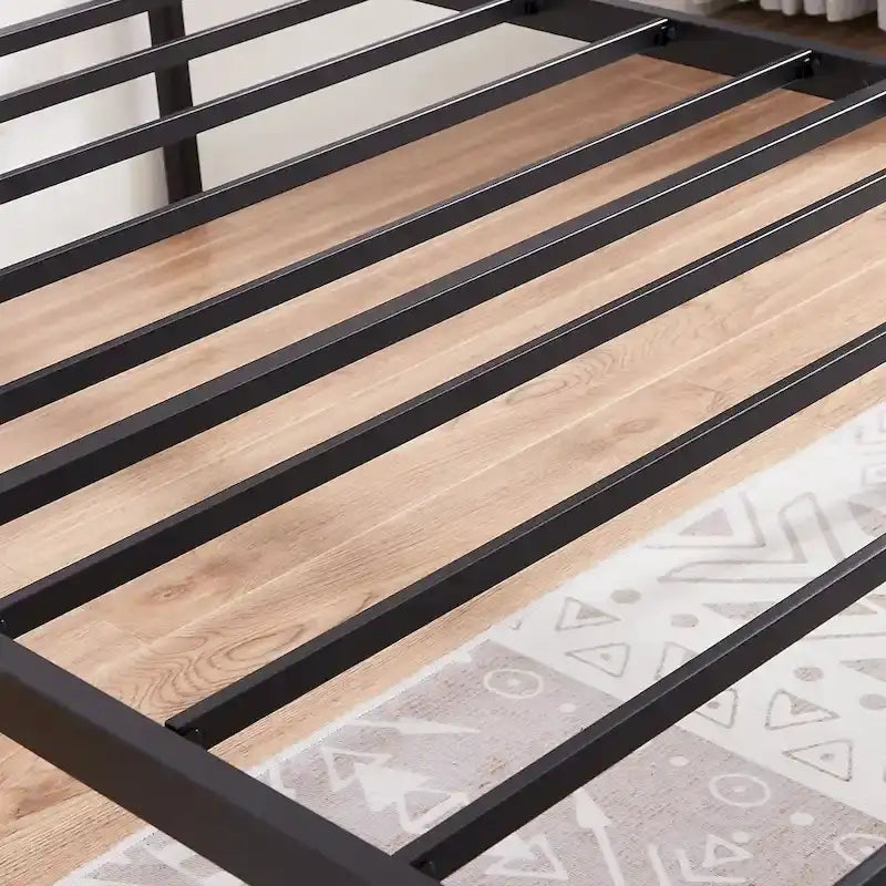 Estructura de cama industrial con cabecero de madera – Marrón/Gris pizarra/Negro, Individual/Matrimonial/Queen, 1 persona