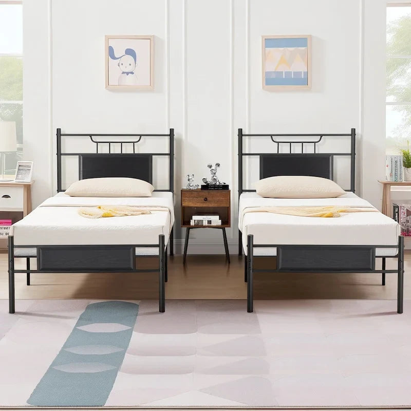 Estructura de cama industrial con cabecero de madera – Marrón/Gris pizarra/Negro, Individual/Matrimonial/Queen, 1 persona