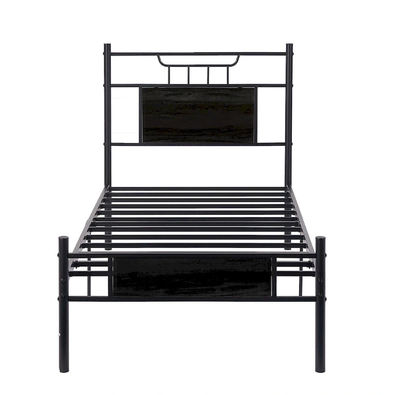 Estructura de cama industrial con cabecero de madera – Marrón/Gris pizarra/Negro, Individual/Matrimonial/Queen, 1 persona