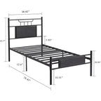 Estructura de cama industrial con cabecero de madera – Marrón/Gris pizarra/Negro, Individual/Matrimonial/Queen, 1 persona