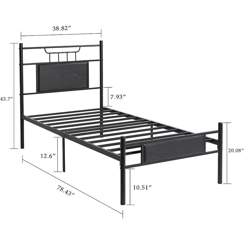 Estructura de cama industrial con cabecero de madera – Marrón/Gris pizarra/Negro, Individual/Matrimonial/Queen, 1 persona