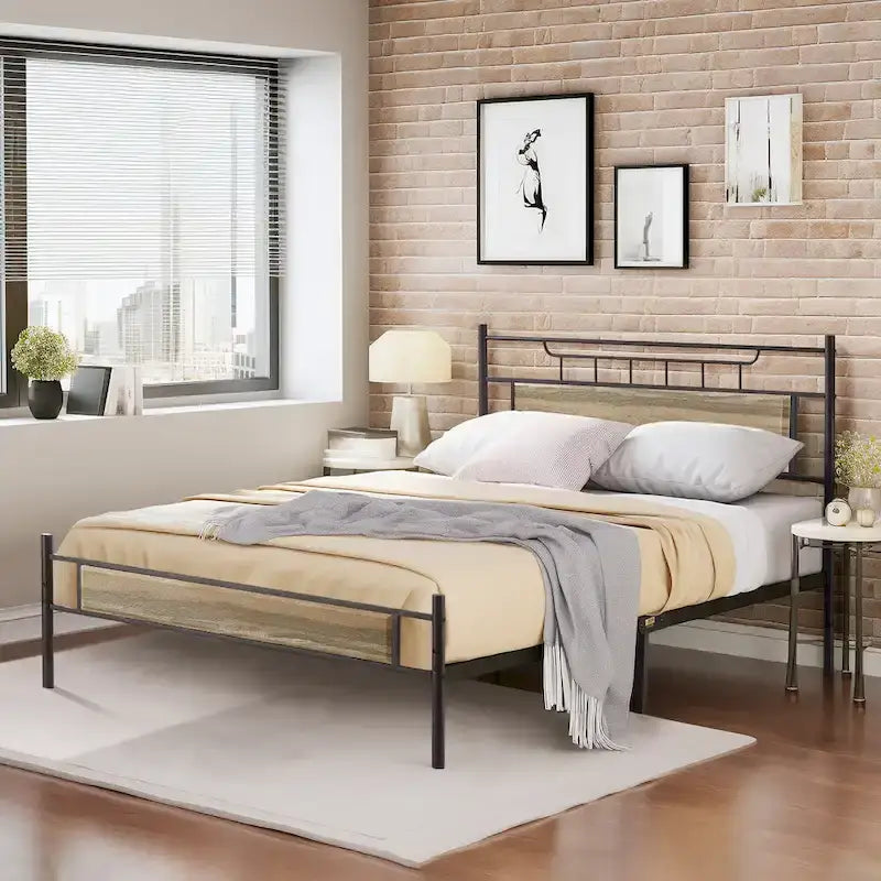 Estructura de cama industrial con cabecero de madera – Marrón/Gris pizarra/Negro, Individual/Matrimonial/Queen, 1 persona