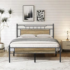Estructura de cama industrial con cabecero de madera – Marrón/Gris pizarra/Negro, Individual/Matrimonial/Queen, 1 persona