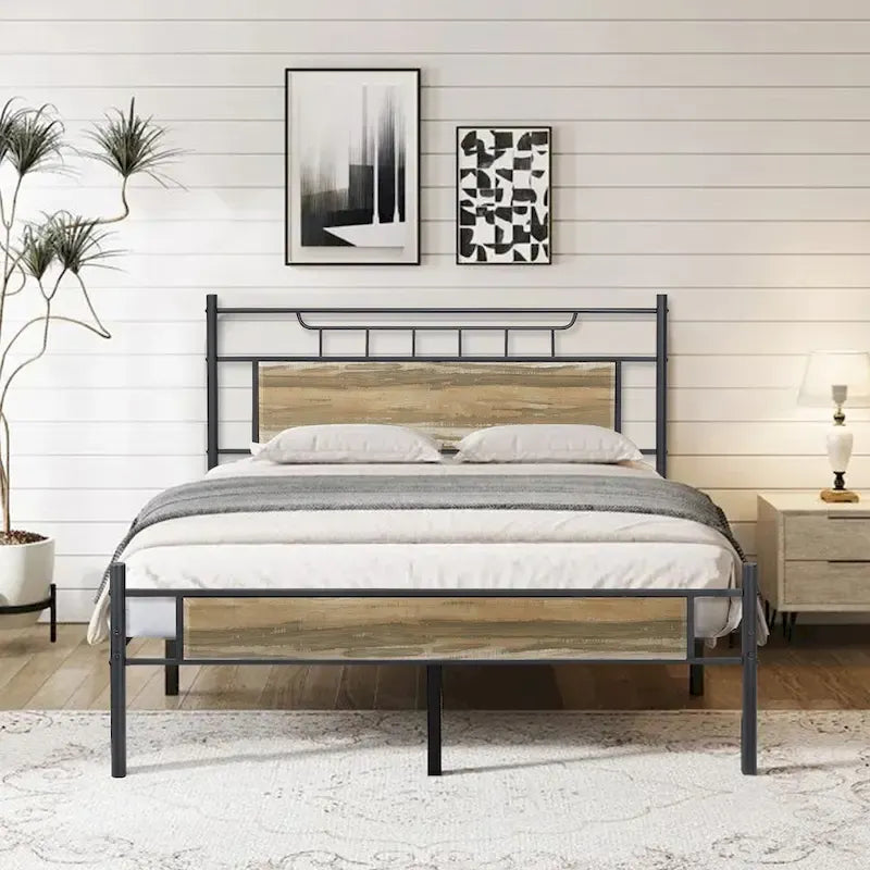 Estructura de cama industrial con cabecero de madera – Marrón/Gris pizarra/Negro, Individual/Matrimonial/Queen, 1 persona