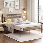 Estructura de cama industrial con cabecero de madera – Marrón/Gris pizarra/Negro, Individual/Matrimonial/Queen, 1 persona