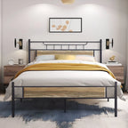 Estructura de cama industrial con cabecero de madera – Marrón/Gris pizarra/Negro, Individual/Matrimonial/Queen, 1 persona