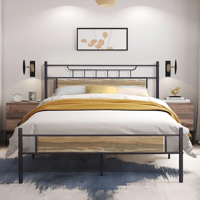 Estructura de cama industrial con cabecero de madera – Marrón/Gris pizarra/Negro, Individual/Matrimonial/Queen, 1 persona