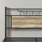 Estructura de cama industrial con cabecero de madera – Marrón/Gris pizarra/Negro, Individual/Matrimonial/Queen, 1 persona