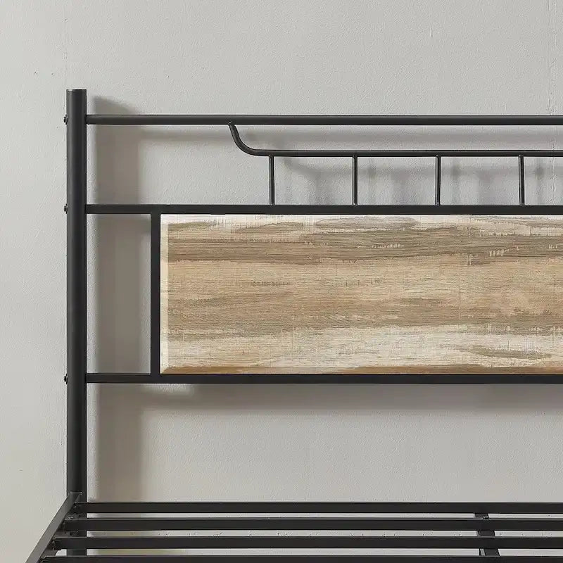Estructura de cama industrial con cabecero de madera – Marrón/Gris pizarra/Negro, Individual/Matrimonial/Queen, 1 persona