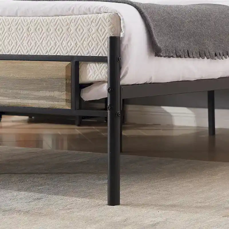 Estructura de cama industrial con cabecero de madera – Marrón/Gris pizarra/Negro, Individual/Matrimonial/Queen, 1 persona