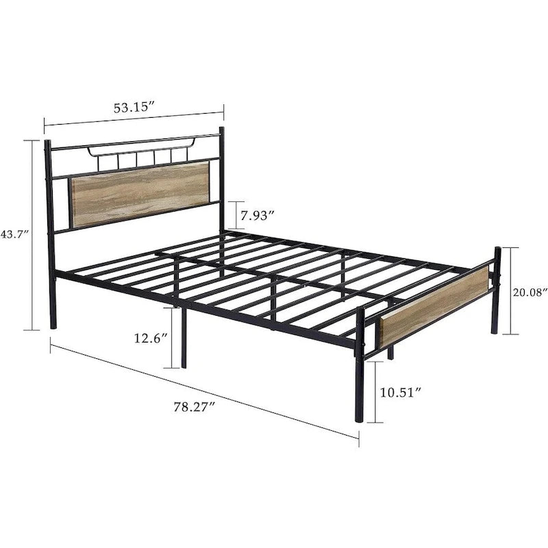 Estructura de cama industrial con cabecero de madera – Marrón/Gris pizarra/Negro, Individual/Matrimonial/Queen, 1 persona