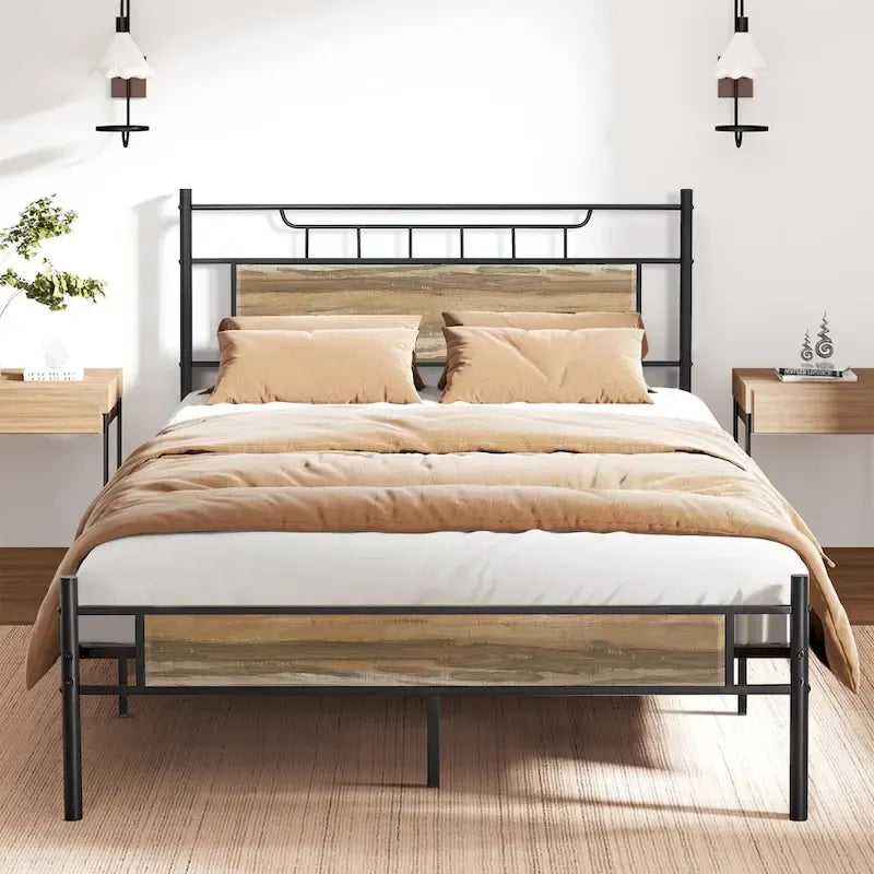 Estructura de cama industrial con cabecero de madera – Marrón/Gris pizarra/Negro, Individual/Matrimonial/Queen, 1 persona