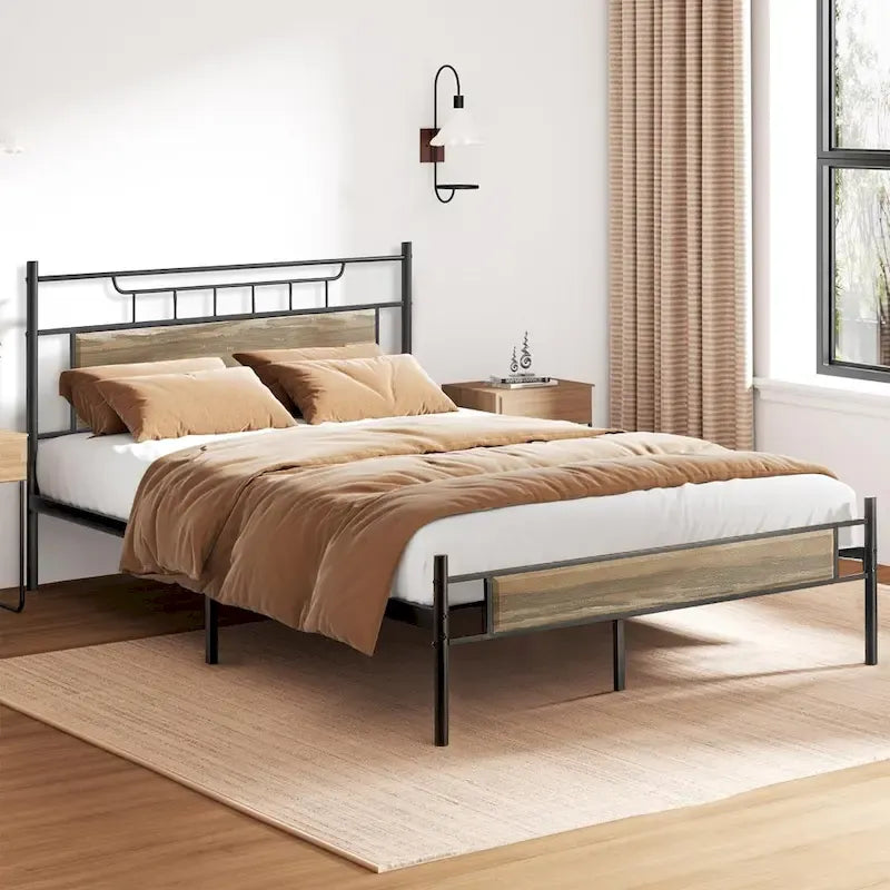 Estructura de cama industrial con cabecero de madera – Marrón/Gris pizarra/Negro, Individual/Matrimonial/Queen, 1 persona