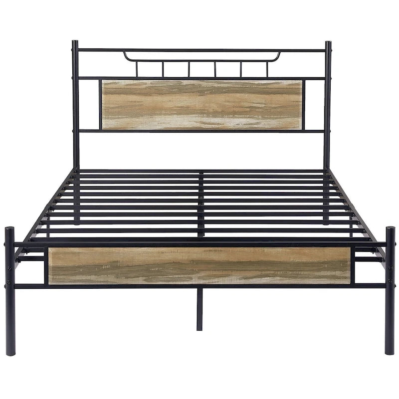 Estructura de cama industrial con cabecero de madera – Marrón/Gris pizarra/Negro, Individual/Matrimonial/Queen, 1 persona