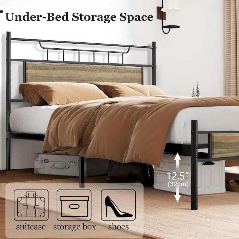 Estructura de cama industrial con cabecero de madera – Marrón/Gris pizarra/Negro, Individual/Matrimonial/Queen, 1 persona