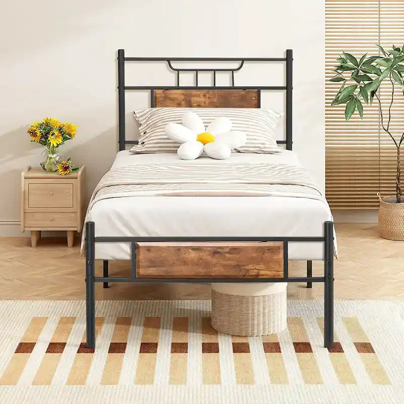 Estructura de cama industrial con cabecero de madera – Marrón/Gris pizarra/Negro, Individual/Matrimonial/Queen, 1 persona