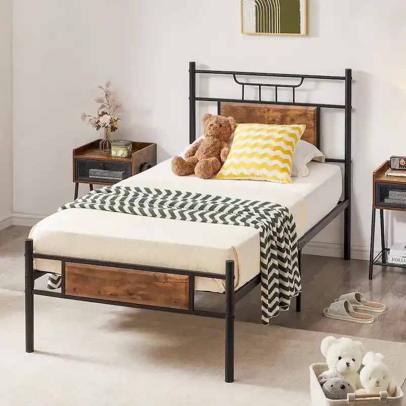 Estructura de cama industrial con cabecero de madera – Marrón/Gris pizarra/Negro, Individual/Matrimonial/Queen, 1 persona