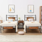 Estructura de cama industrial con cabecero de madera – Marrón/Gris pizarra/Negro, Individual/Matrimonial/Queen, 1 persona