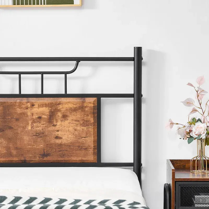 Estructura de cama industrial con cabecero de madera – Marrón/Gris pizarra/Negro, Individual/Matrimonial/Queen, 1 persona