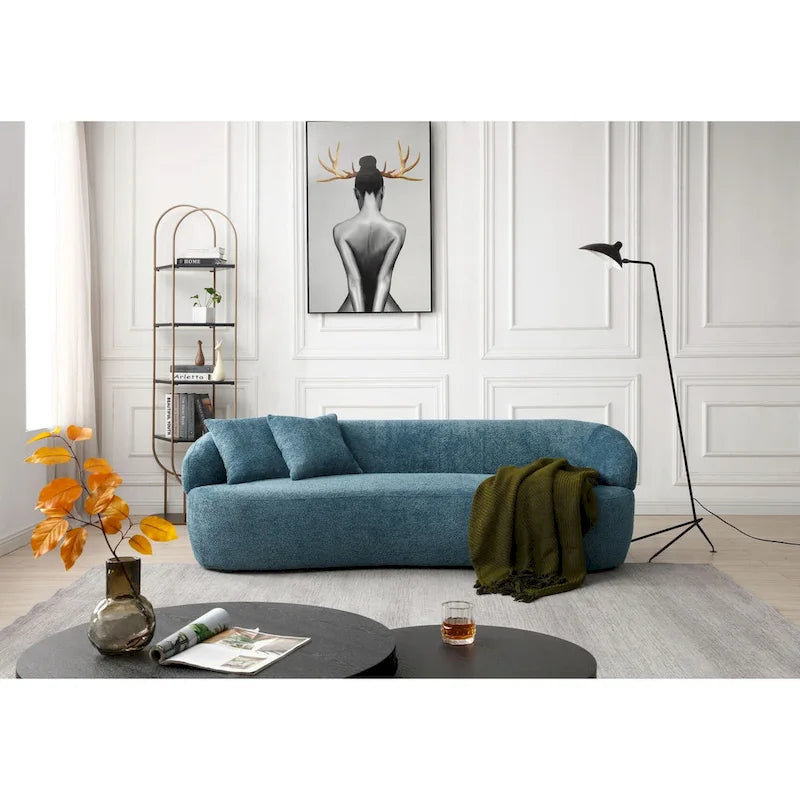 Sofá Bouclé Curvo Gris y Azul Claro, 3 plazas
