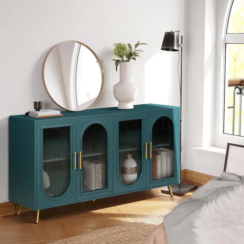 Mueble de TV azul antiguo de 4 puertas con estantes ajustables y gabinete de almacenamiento