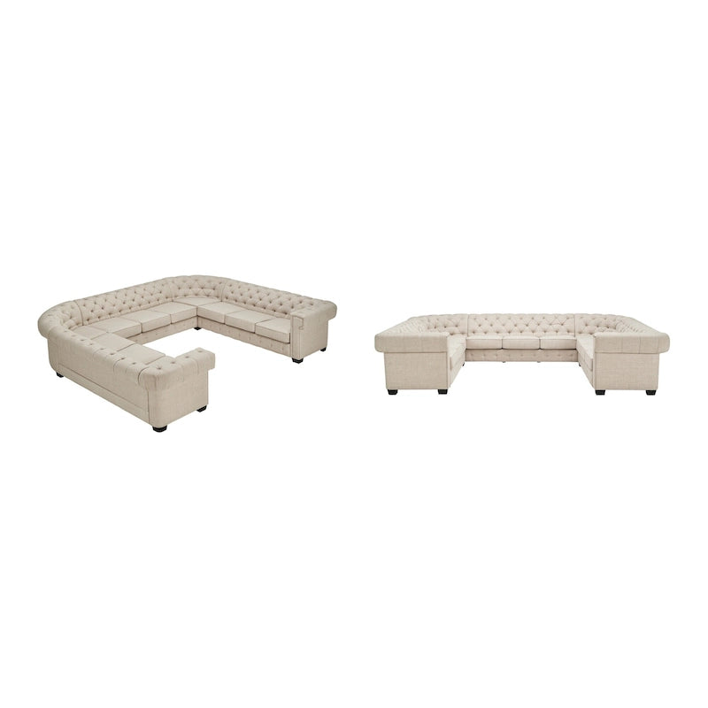 Sofá seccional Chesterfield en forma de U, 11 plazas, Lino / Terciopelo