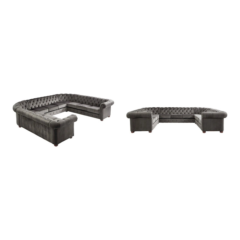Sofá seccional Chesterfield en forma de U, 11 plazas, Lino / Terciopelo