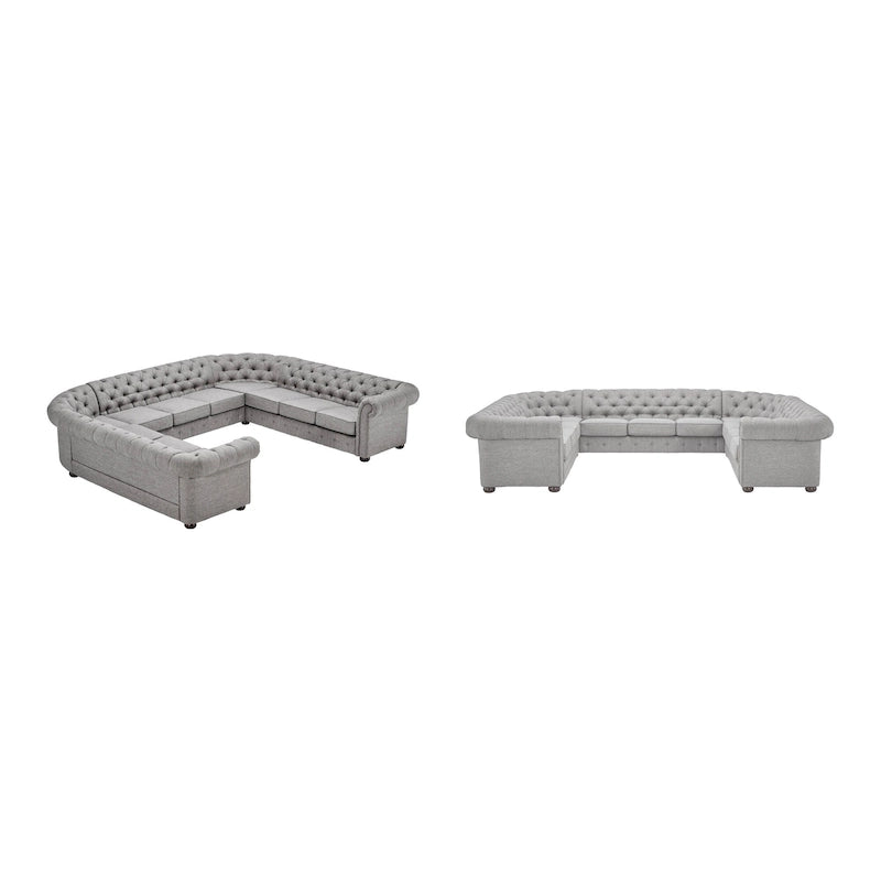 Sofá seccional Chesterfield en forma de U, 11 plazas, Lino / Terciopelo