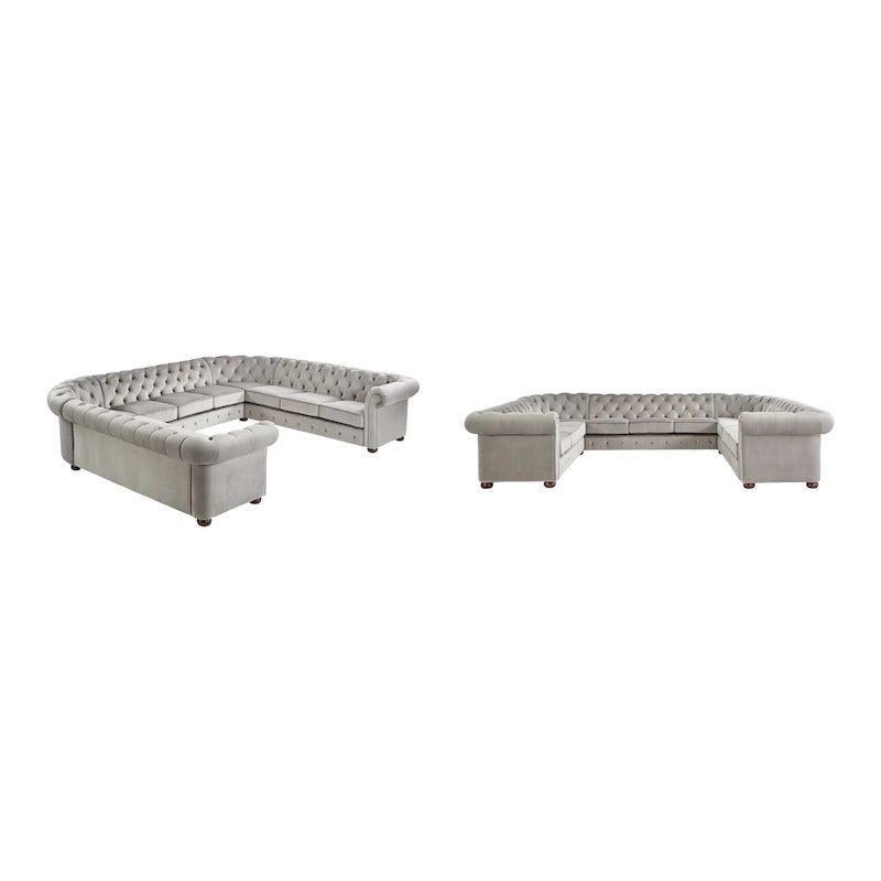 Sofá seccional Chesterfield en forma de U, 11 plazas, Lino / Terciopelo