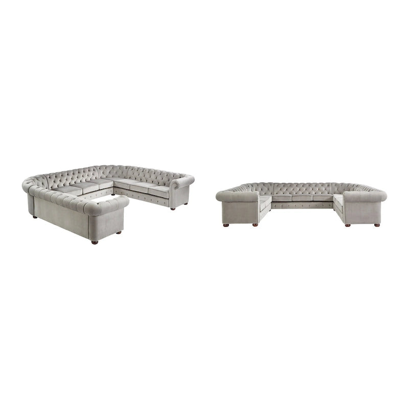 Sofá seccional Chesterfield en forma de U, 11 plazas, Lino / Terciopelo