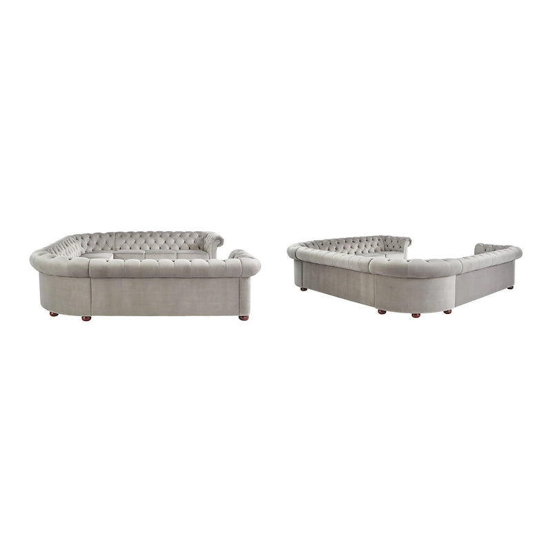 Sofá seccional Chesterfield en forma de U, 11 plazas, Lino / Terciopelo