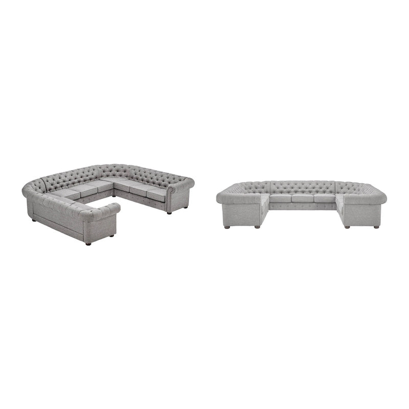 Sofá seccional Chesterfield en forma de U, 11 plazas, Lino / Terciopelo