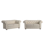 Sofá biplaza Chesterfield de tela beige, 2 plazas