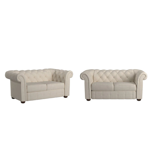 Sofá biplaza Chesterfield de tela beige, 2 plazas